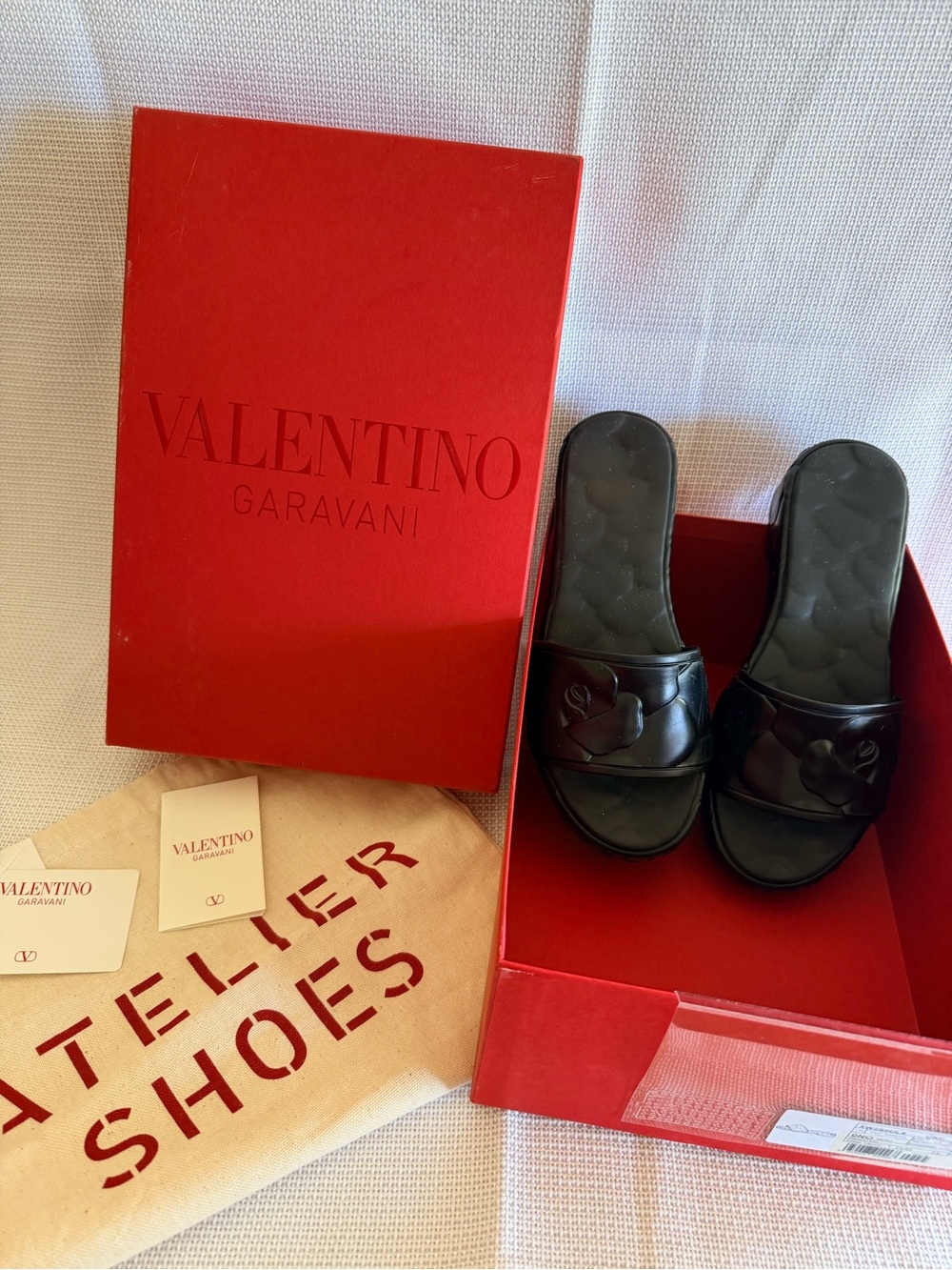 Valentino Garavani Black Leather Floral Slide Mules